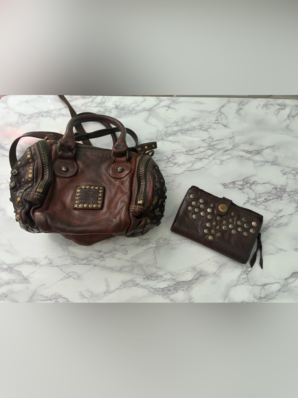Campomaggi Dark Brown studded Leather mini Satchel and wallet
